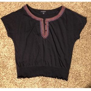 AEO Navy Blue Bohemian Blouse Embroidered Neckline